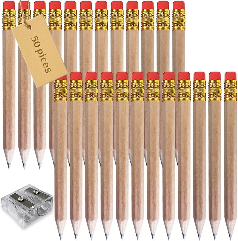 Adhere 50pcs Golf Pencils with Eraser Hexagon Wooden half Pencils Graphite 2B for Golf Event Scoring, Classroom, Wedding, Pew, Pocket | Free Pencil Sharpener (z-Nature・Hexagon・50pcs) - Image 1
